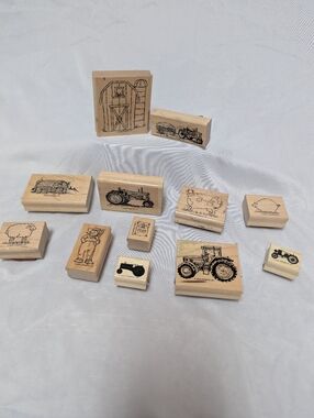 Lot Of 12 2002 Vintage Stampin' Up Wooden Stamps Tractors, Farm Animals Crafting